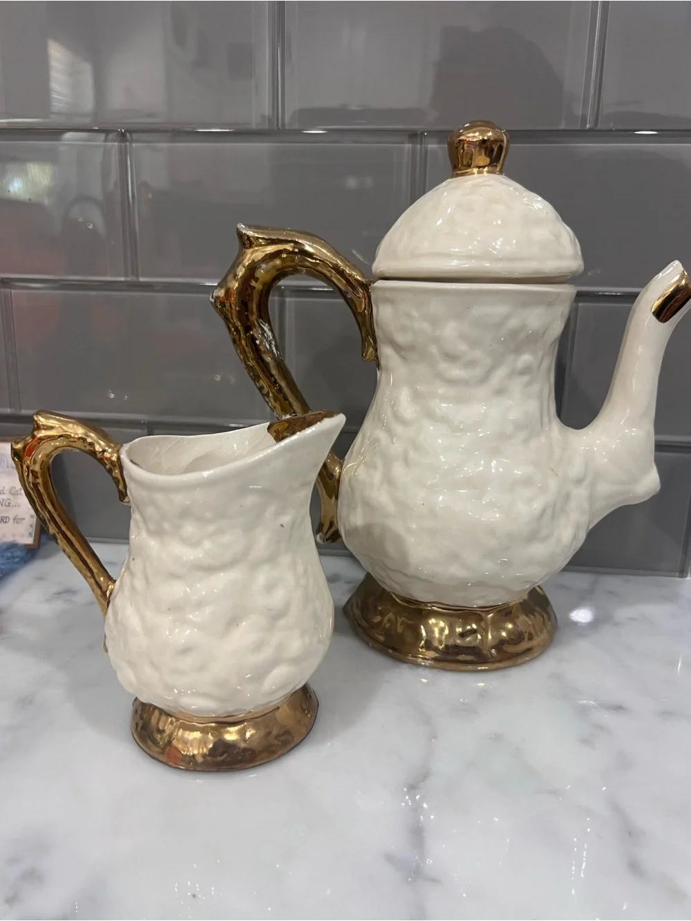 Vintage White Ceramic Teapot and Creamer Set